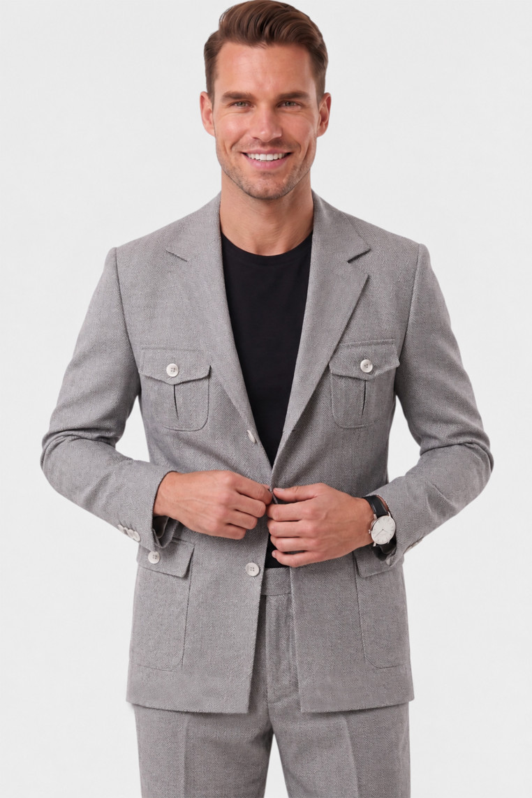 DeepSEA Erkek Safari Ceketli Balıksırtı Desenli Slim Fit 2'li Takım Elbise – Pileli Duble Paça Pantolon 2600723