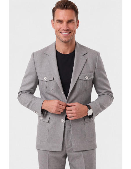 DeepSEA Erkek Safari Ceketli Balıksırtı Desenli Slim Fit 2'li Takım Elbise – Pileli Duble Paça Pantolon 2600723