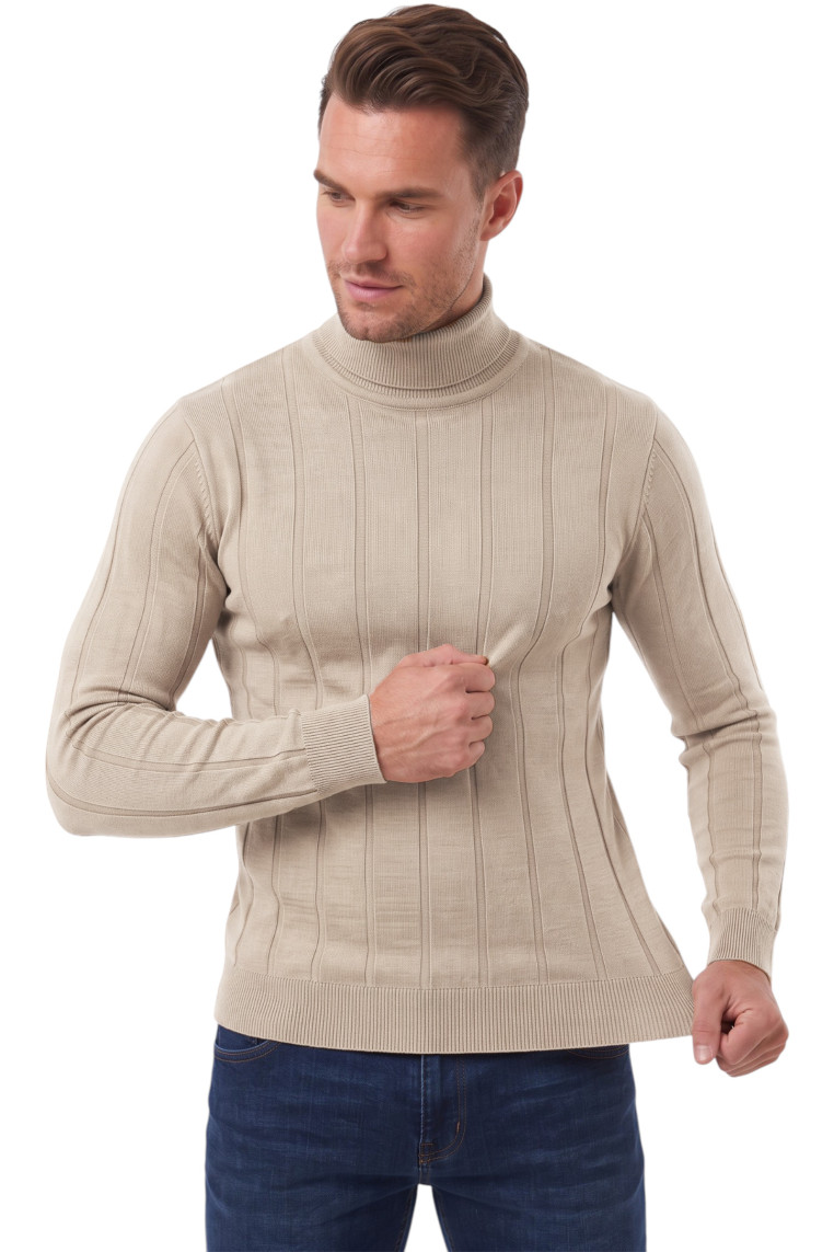 DeepSEA Erkek Slim Fit Tam Balıkçı Yaka Çizgi Dokulu Triko Kazak 2505504