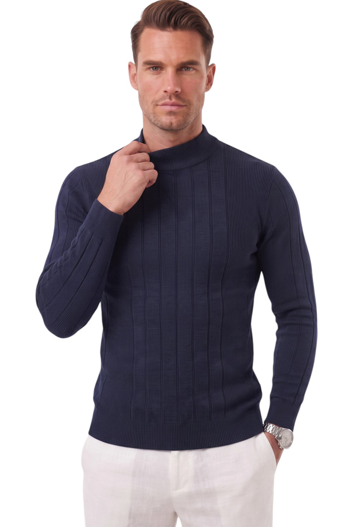 DeepSEA Erkek Slim Fit Tüylenmeyen Çizgi Dokulu Yarım Balıkçı Yaka Triko Kazak 2505491 2