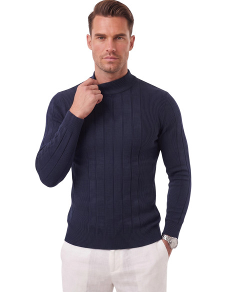 DeepSEA Erkek Slim Fit Tüylenmeyen Çizgi Dokulu Yarım Balıkçı Yaka Triko Kazak 2505491