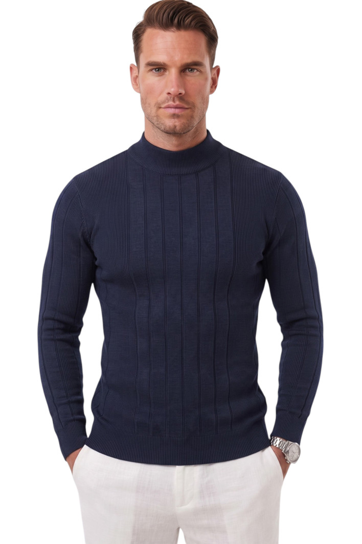 DeepSEA Erkek Slim Fit Tüylenmeyen Çizgi Dokulu Yarım Balıkçı Yaka Triko Kazak 2505491