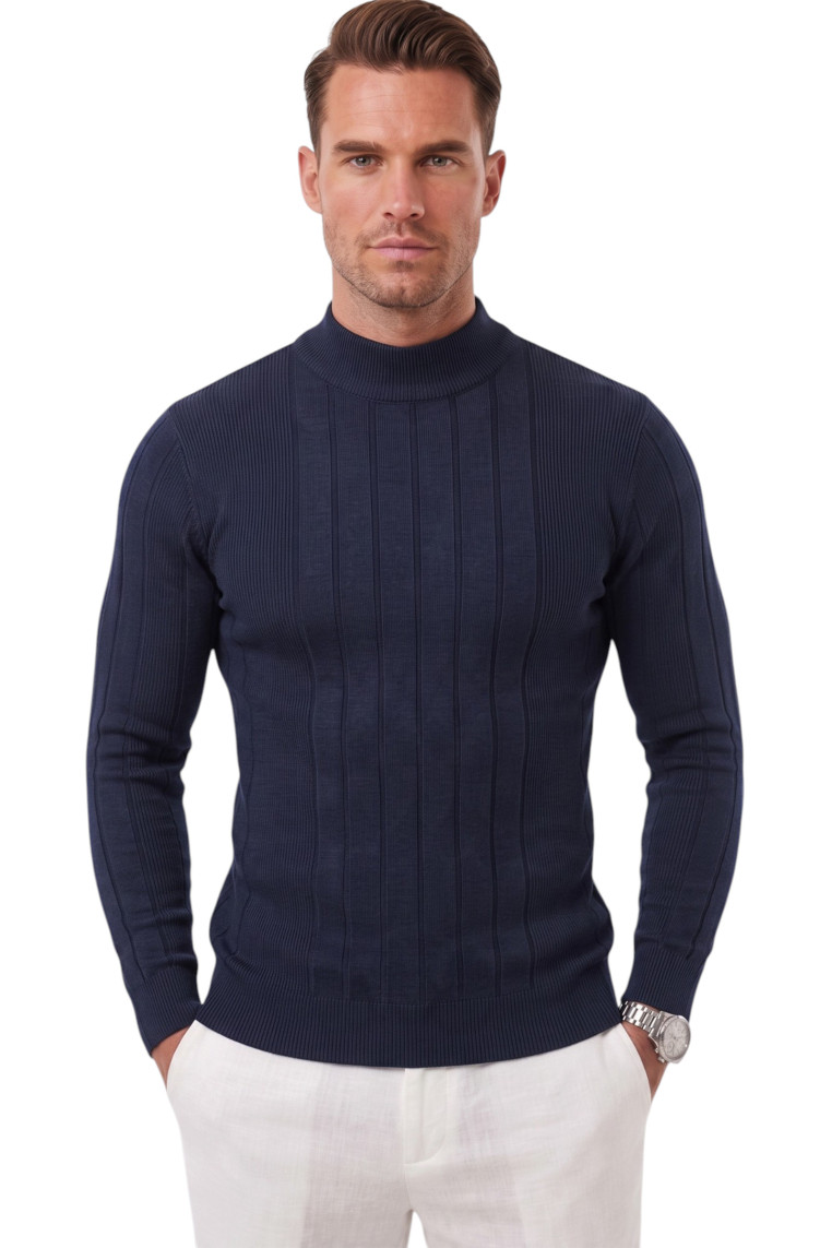 DeepSEA Erkek Slim Fit Tüylenmeyen Çizgi Dokulu Yarım Balıkçı Yaka Triko Kazak 2505491