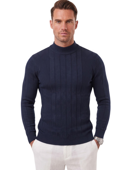 DeepSEA Erkek Slim Fit Tüylenmeyen Çizgi Dokulu Yarım Balıkçı Yaka Triko Kazak 2505491