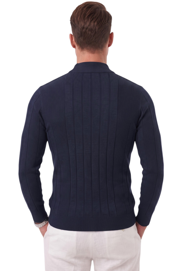 DeepSEA Erkek Slim Fit Tüylenmeyen Çizgi Dokulu Yarım Balıkçı Yaka Triko Kazak 2505491